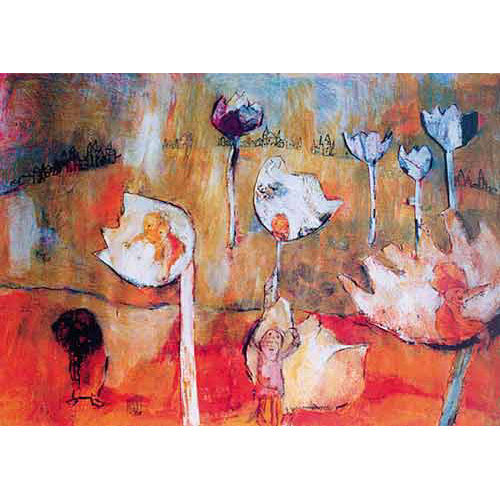 Monika Strugarek schilderij, Bloemkinderen, gemengde technieken, 90x80