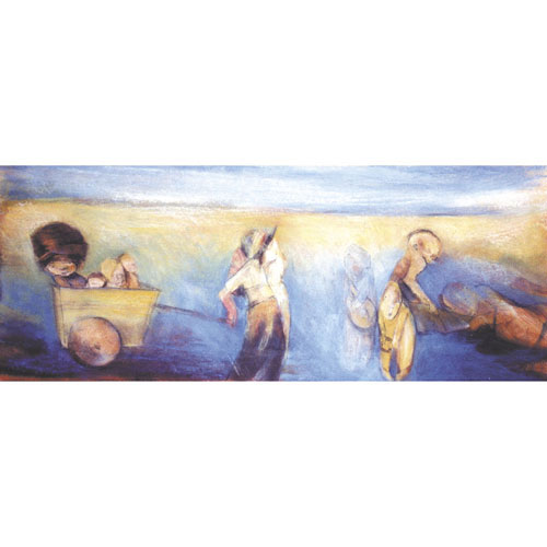 Monika Strugarek schilderij, Tussen al het blauw, gemengde technieken, 80x44