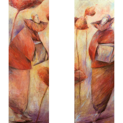 Monika Strugarek schilderij, Tweeluik: Ik geef je onze herinneringen terug en ik neem onze herinneringen mee, acryl, 2* 40x120